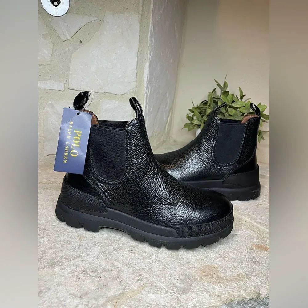 Polo Ralph Lauren Black Leather Oslo Chelsea Boots Sz 8 New